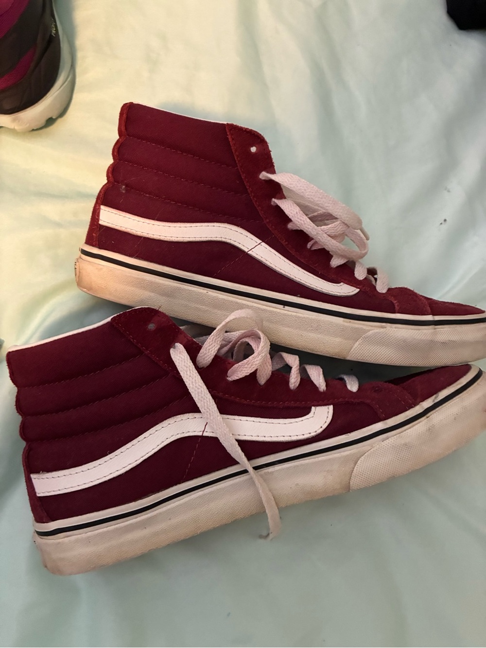 Maroon high top vans suede